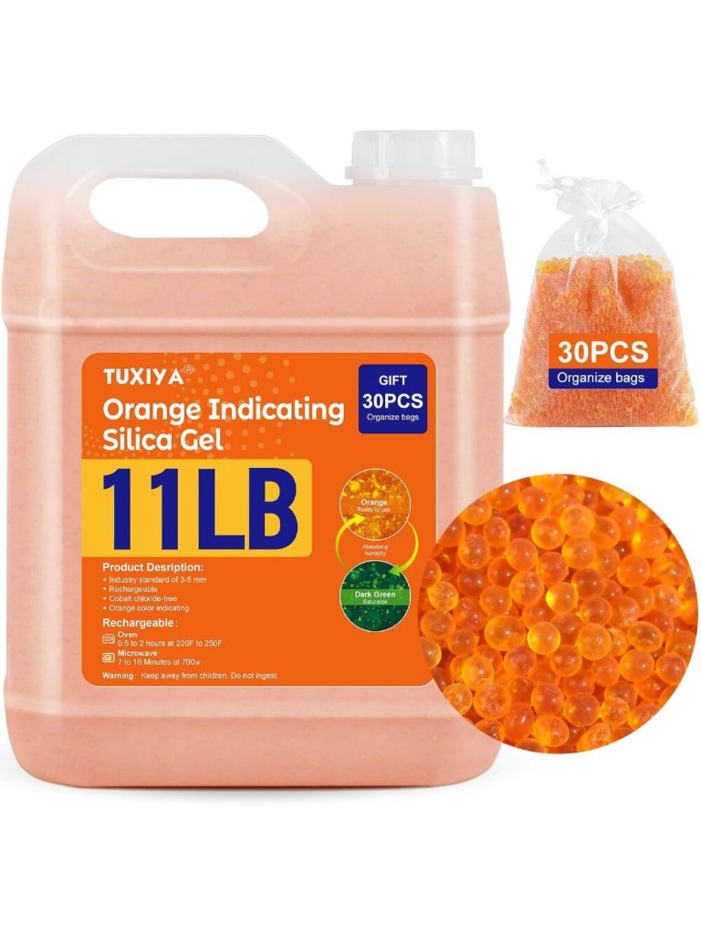 Reusable 11 LBS Orange Silica Gel Desiccant Beads for Moisture Control & Odor